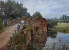 River scene with sandstone bridge and boys by Sidney Currie, oil on canvas, offered Apr 2023