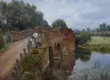 River scene with sandstone bridge and boys by Sidney Currie, oil on canvas, offered Apr 2023