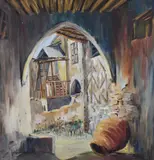 Old House Kythrea' a view through an archway by Armand Josephin, oil on board, offered Apr 2023