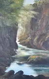 A sunlit gorge with slow moving stream by Ann Celia Freeman, oil on board, sold Apr 2023
