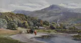 Cattle watering on the edge of a meandering by Charles James Adams, watercolour, sold Apr 2023