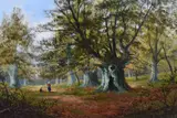 Figures within a woodland clearing by Edmund John Niemann, oil on canvas, sold Apr 2023