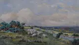 Droving sheep within a moorland landscape by Charles James Adams, watercolour, offered Apr 2023