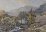 Sheep within a mountainous landscape with by Charles James Adams, watercolour, offered Apr 2023