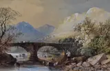 Bridge Near Grasmere' to gilt card mount, a farmer droving his cattle across the bridge and a fisherman on the riverbank by Cornelious Pearson, 1855, watercolour, sold Apr 2023