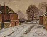 Snow in Winchelsea' Romney Cottage, Sumex by William Warden, oil on board, offered Apr 2023