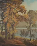 Autumnal woodland and river by David Walsey, oil on canvas, offered Apr 2023