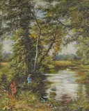 River scene with fisherman by Harold J Foster, 1988, oil on board, offered Apr 2023