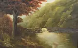 Woodland river scene by M.R Robinson, 1915, oil on canvas, offered Apr 2023