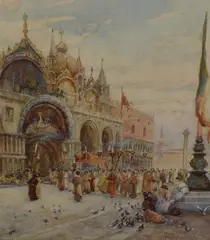 Religious procession in front of St by James William Milliken, watercolour, sold Apr 2023