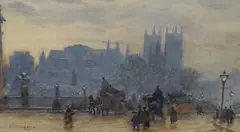 Busy street scene with view of Westminster Abbey by Herbert Marshall, 1892, watercolour, sold Apr 2023