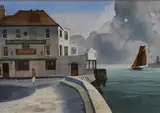 Portsmouth interest watercolour, a view of the historic grade II listed Still & West Country House pub and Portsmouth harbour by Duncan Webb, watercolour, offered Apr 2023