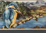 Perched kingfisher within a lakeland landscape by W. Holbe, print, sold Apr 2023