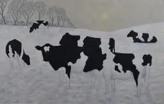 Friesian cows within a moonlit winter landscape by J.T Rourke, oil on board, sold Mar 2023