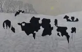 Friesian cows within a moonlit winter landscape by J.T Rourke, oil on board, sold Mar 2023