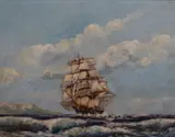 Depicting a masted ship at sea by G H Macarthy, oil on board, offered Mar 2023