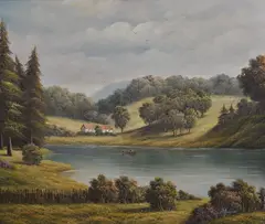 Single fishing boat within a river landscape by Richard Wilson, oil on canvas, offered Mar 2023
