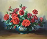 Still life study depicting a vase of shrub roses by Wilf Walker, oil on board, offered Mar 2023