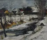 Winter river scene with buildings by Erich Schmid, oil on board, offered Mar 2023
