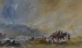 Log Pulling at Derwent' verso, a depiction of working heavy horses in inclement conditions by Ian Dunn, oil on board, offered Mar 2023