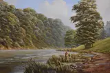 Figures fishing from reed beds on abroad stretch by James Horne, oil on canvas, offered Mar 2023