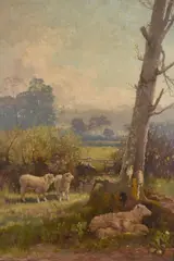 Serene pastoral scene with sheep and lambs by Robert B. Farren, 1893, oil on canvas, sold Mar 2023