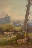Serene pastoral scene with sheep and lambs by Robert B. Farren, 1893, oil on canvas, sold Mar 2023