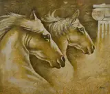 Greek horse montage with ionic column by R Kingman, oil on canvas, sold Mar 2023