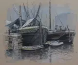 St Katherines Dock, London, featuring the barge Olive May by John Chapman, gouache, sold Mar 2023