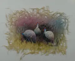 A mixed media painting depicting Guinea fowl by Liekkie Lambert, mixed media, sold Feb 2023
