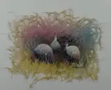 A mixed media painting depicting Guinea fowl by Liekkie Lambert, mixed media, sold Feb 2023