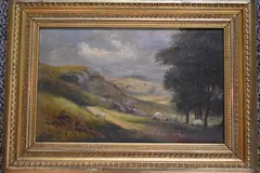 (19th century), an oil painting, hillside sheep, initialled, 21 x 33cm, gilt plaster framed, 33 by C W, oil, sold Nov 2022