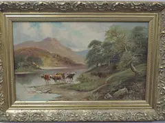 Highland cattle Loch Leven by R. Davis, oil, offered Oct 2022