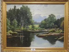 Meandering river scene by Reginald Aspinwall, 1904, oil on canvas, sold Jul 2022