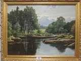 Meandering river scene by Reginald Aspinwall, 1904, oil on canvas, sold Jul 2022