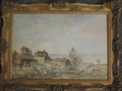 Lower Bardsea Village, attributed verso and dated 1956, 34 x 49cm, plaster framed-damaged, 46 x 61cm by Oliver Hall, 1956, oil, offered Jun 2022