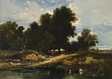A figure in a wooded river landscape by William James Müller, Oil on panel, offered Oct 2024