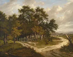 Figures on a track in a wooded landscape by Patrick Nasmyth, Oil on canvas, offered Oct 2024