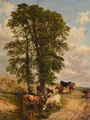 A cooling draught by Thomas Sidney Cooper, Oil on panel, sold Oct 2024