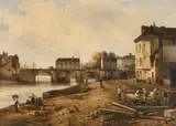 French town scene with workers by a river by Pierre-Justin Ouvrié, Oil on canvas, sold Oct 2024