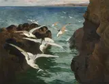 Gulls at st. ives bay by William Holt Yates Titcomb, Oil on canvas, sold Oct 2024