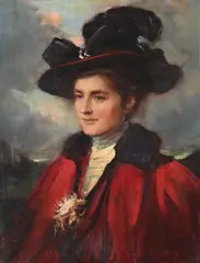 Portrait of a lady in red cloak and plumed hat by Frederic Yates, Oil on canvas, sold Oct 2024
