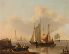 Shipping off-shore with figure on a jetty and an open boat by William Anderson, Oil on canvas, offered Oct 2024