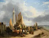 Fisherfolk and dutch vessels on yarmouth beach by George Vincent, Oil on canvas, offered Oct 2024