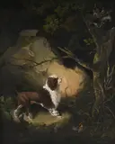 A hunting dog holding a cat at a bay in a woodland by Ramsay Richard Reinagle, Oil on canvas, sold Oct 2024