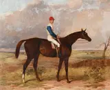A racehorse with a jockey up by Harry Hall, Oil on canvas, sold Oct 2024