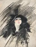 Portrait of a young woman wearing a black hat by William Barribal, Watercolour and gouache, sold Oct 2024