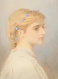 A girl with a garland of blue bells in her hair by Edward Tayler, Watercolour and pencil, sold Oct 2024
