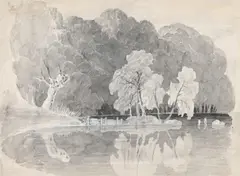 Landscape of a lake with reflections by Francis Danby, Pencil and grey wash, sold Oct 2024
