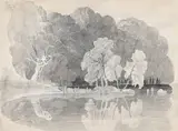 Landscape of a lake with reflections by Francis Danby, Pencil and grey wash, sold Oct 2024